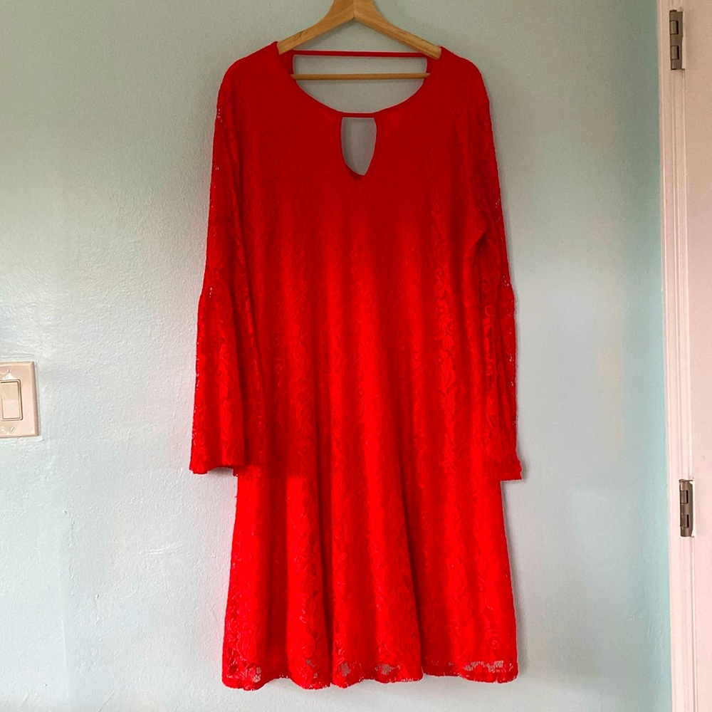 Coral Lace Midi Dress with Bell Sleeves